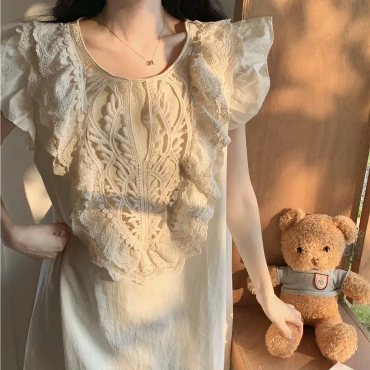 韩国ins甜美公主风无袖睡裙女款夏季小飞袖花边中长款睡衣家居服