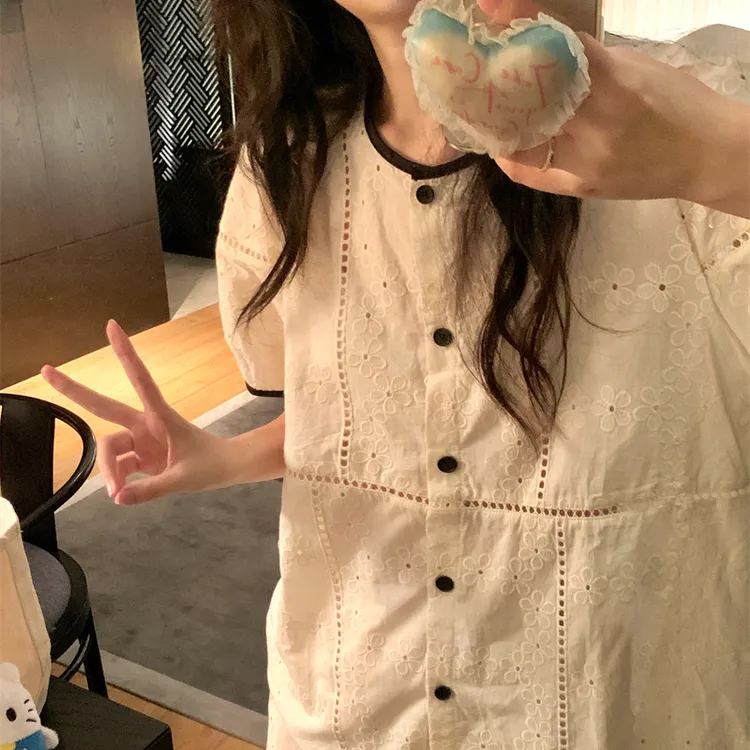 韩国ins小香风带胸垫睡衣女夏季薄款短袖长裤刺绣镂空家居服套装