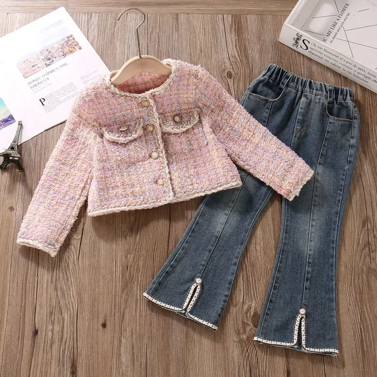 童装春季女童套装2024新款儿童洋气小香风外套女孩牛仔裤两件套潮