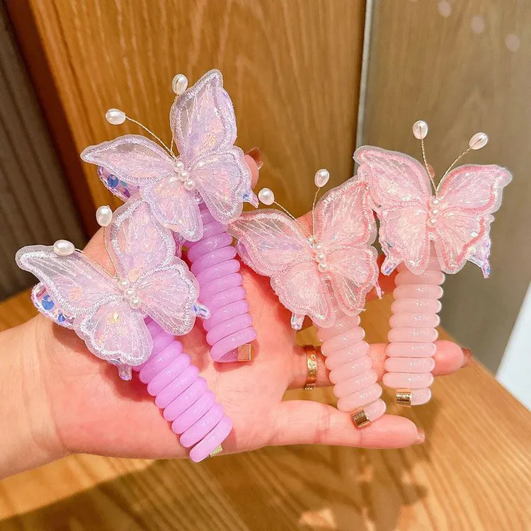 儿童发绳珠珠电话线发圈发饰可爱公主不伤发蝴蝶小女孩双马尾头花