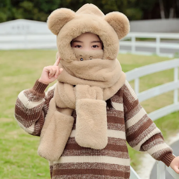 儿童帽子冬季女童可爱护耳帽围巾手套一体帽男童连帽宝宝套头帽