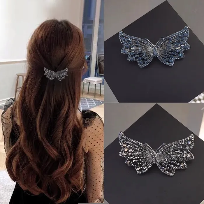 优雅水钻蝴蝶弹簧夹后脑勺顶夹横夹半扎发卡子成人百搭一字夹气质