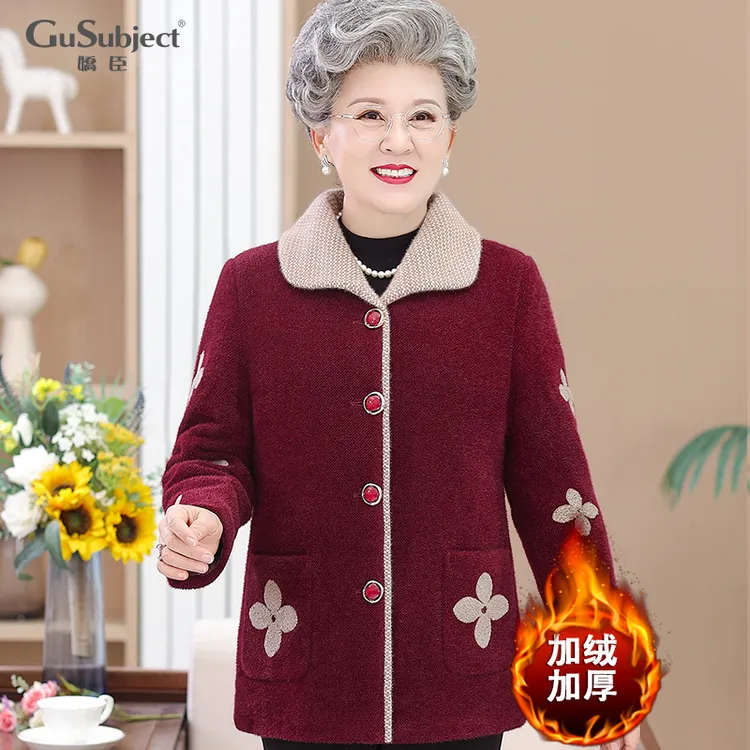 奶奶毛呢加绒水貂绒外套中老年奶奶装人加厚保暖太太妈妈棉衣冬季