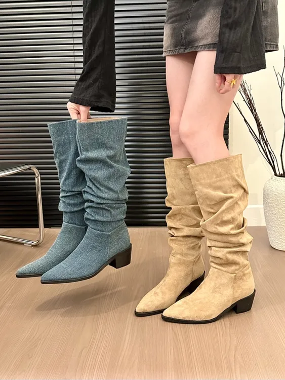 titing韩系辣妹！复古绒面粗跟堆堆靴女秋冬百搭褶皱西部靴长筒靴