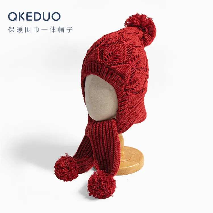 国风新年红儿童帽子女宝宝冬季保暖宝宝套头帽可爱围巾一体护耳帽