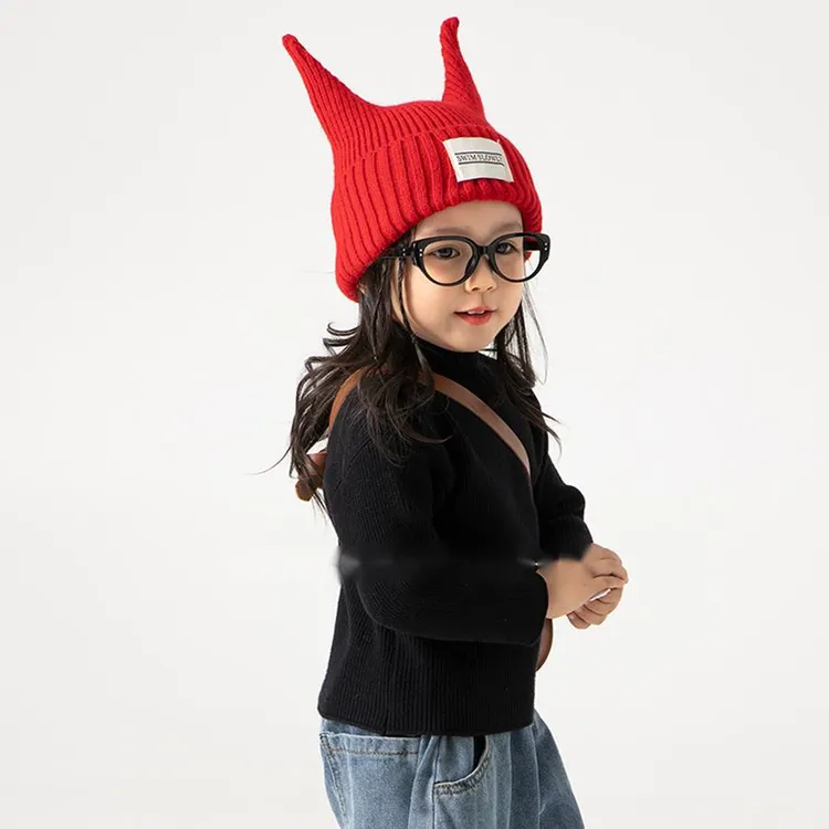 儿童帽子秋冬款女童毛线帽套头帽男童针织帽宝宝搞怪小恶魔保暖帽