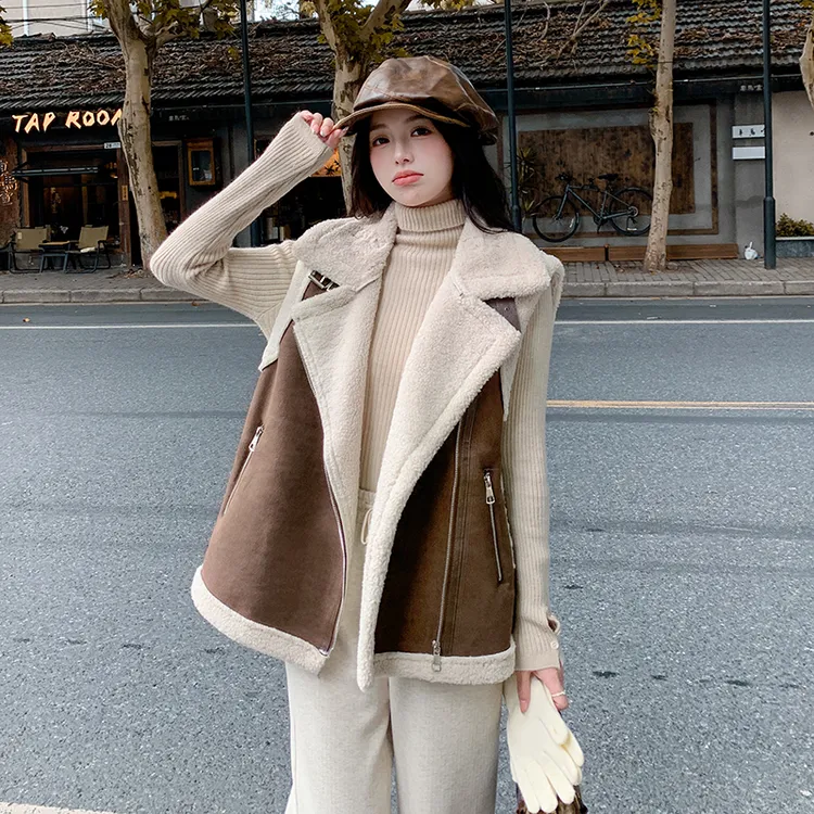 马夹鹿皮绒马甲女秋冬2024新款韩系小个子加厚保暖皮毛一体外