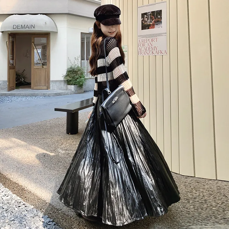 连衣裙镂空条纹长袖针织衫套装女春秋皱褶半身裙两件套6027黑