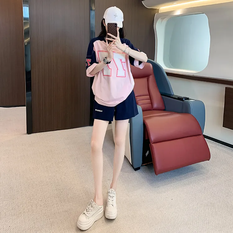 休闲运动套装设计感字母印花短袖阔腿短裤两件套女夏季显瘦时尚