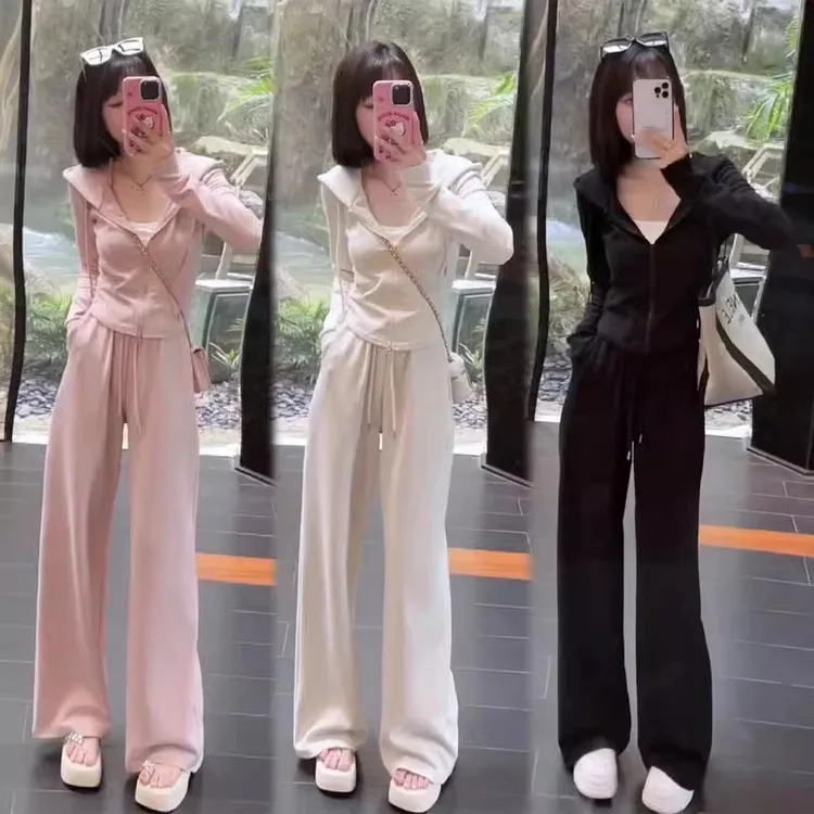 XX1086小个子休闲运动套装女显瘦连帽穿搭高腰阔腿裤休闲套装女