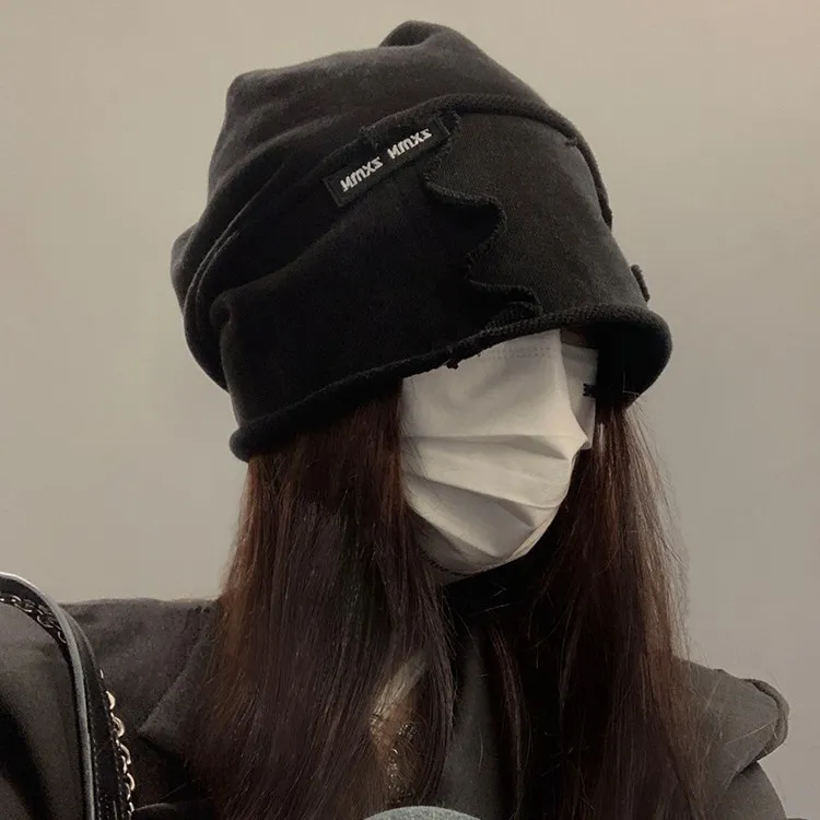 卷边堆堆帽女秋冬季日系宽松大头围冷帽韩版百搭显脸小黑色帽子潮