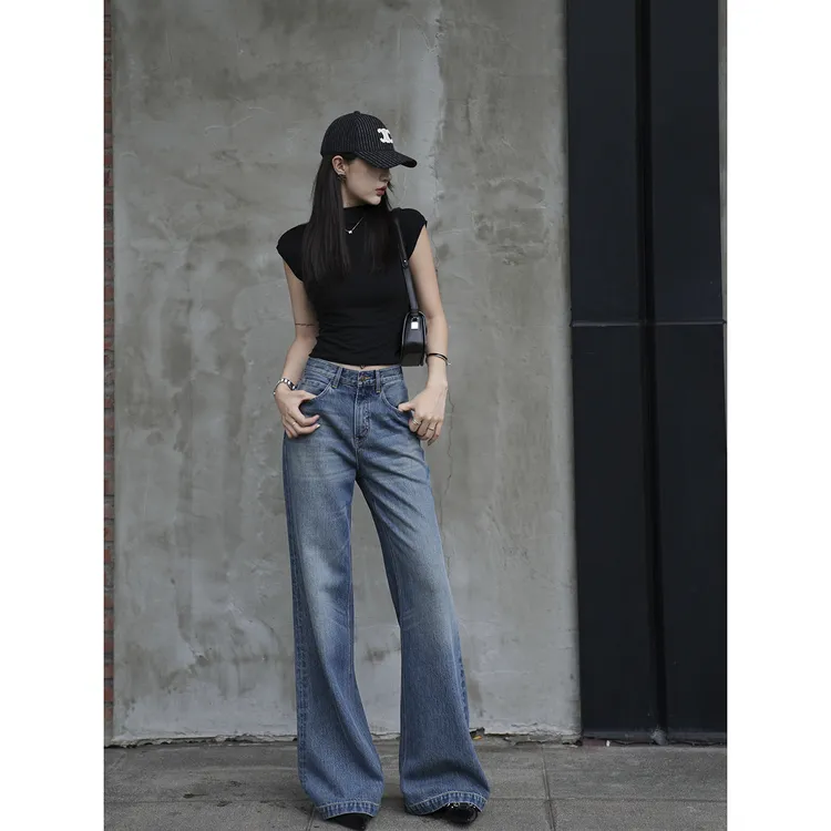 Choumei Home设计师款牛仔裤 复古美式直筒阔腿显瘦喇叭裤