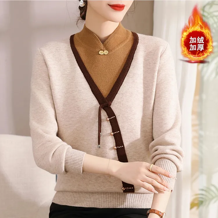 新中式妈妈秋冬装加绒加厚半高领毛衣中老年女装时尚洋气保暖上衣