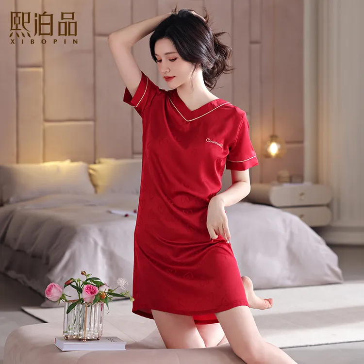 【有带胸垫可选】2025年新款睡裙女夏季冰丝短袖薄款红色喜庆家居服