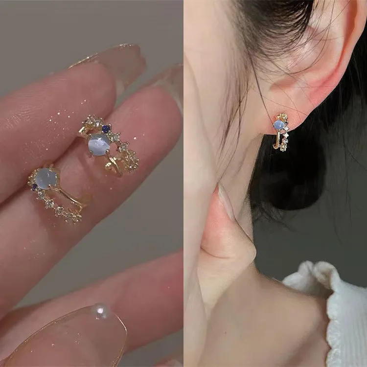 「海蓝雾语」蓝色妖姬喵眼石耳钉森系复古小众蔚蓝月夜耳夹耳骨夹