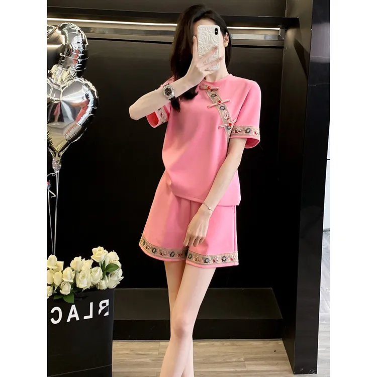 新中式国风休闲运动套装女2025夏洋气减龄粉色短袖上衣短裤两件套