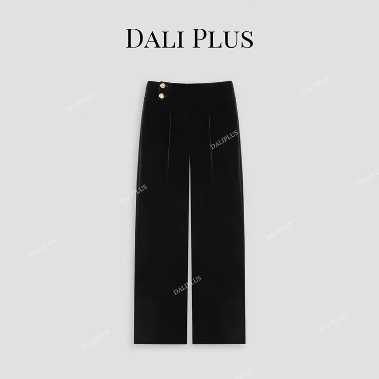 DALI PLUS高端线高腰高黑金丝绒长裤气质垂感直筒阔腿裤-D4SS0208