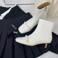 【婷婷】短靴灯笼鞋法式气质珍珠弹力瘦瘦靴高跟方头小众短靴