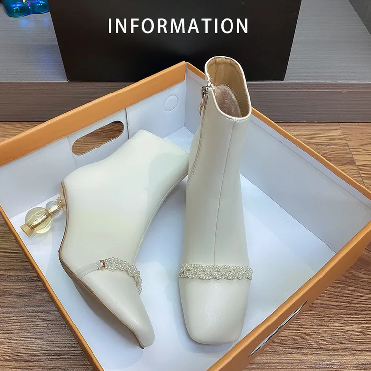 《灯笼鞋》真皮短靴法式气质珍珠弹力瘦瘦靴高跟韩版方头小众短筒靴