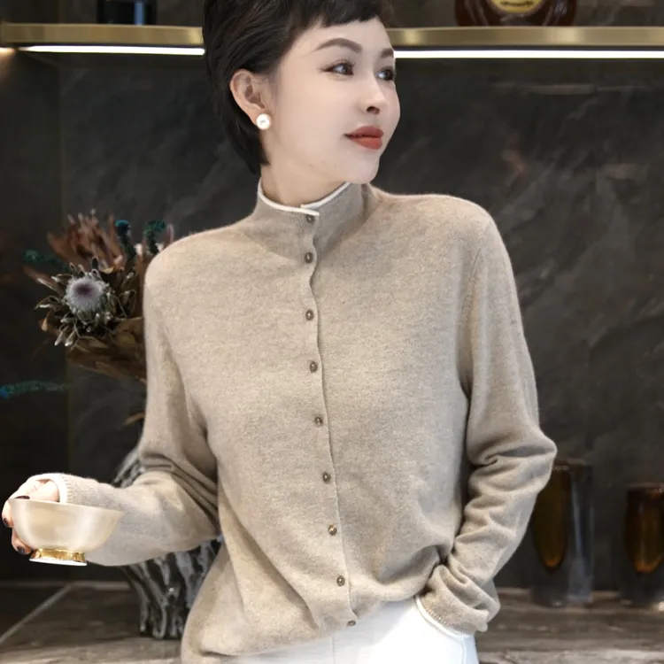 MINGGANG/名港【100羊绒】纯色立领复古秋冬气质显瘦针织衫MG7271