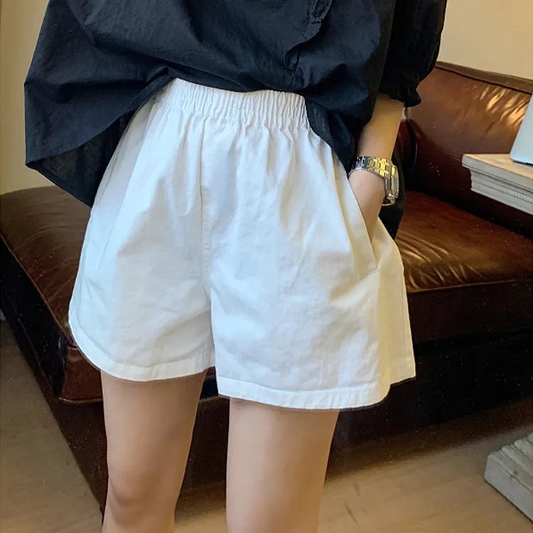 夏季2025新款松紧腰纯色短裤女高腰休闲百搭a字显瘦宽松阔腿棉裤