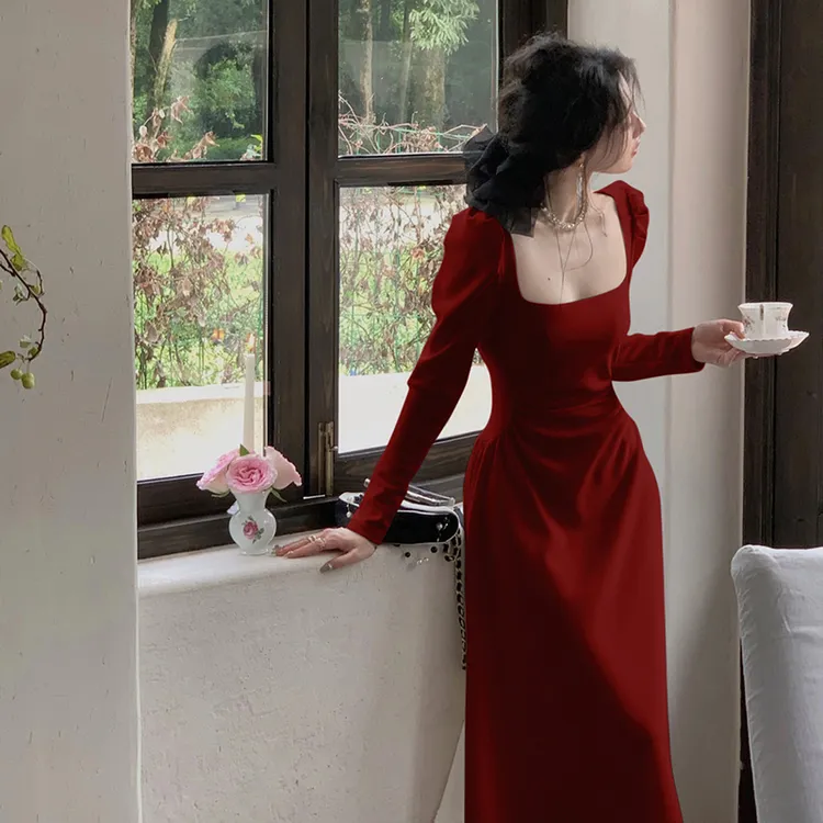红色长袖连衣裙女春秋法式订婚礼服新娘敬酒服日常可穿红裙子长裙