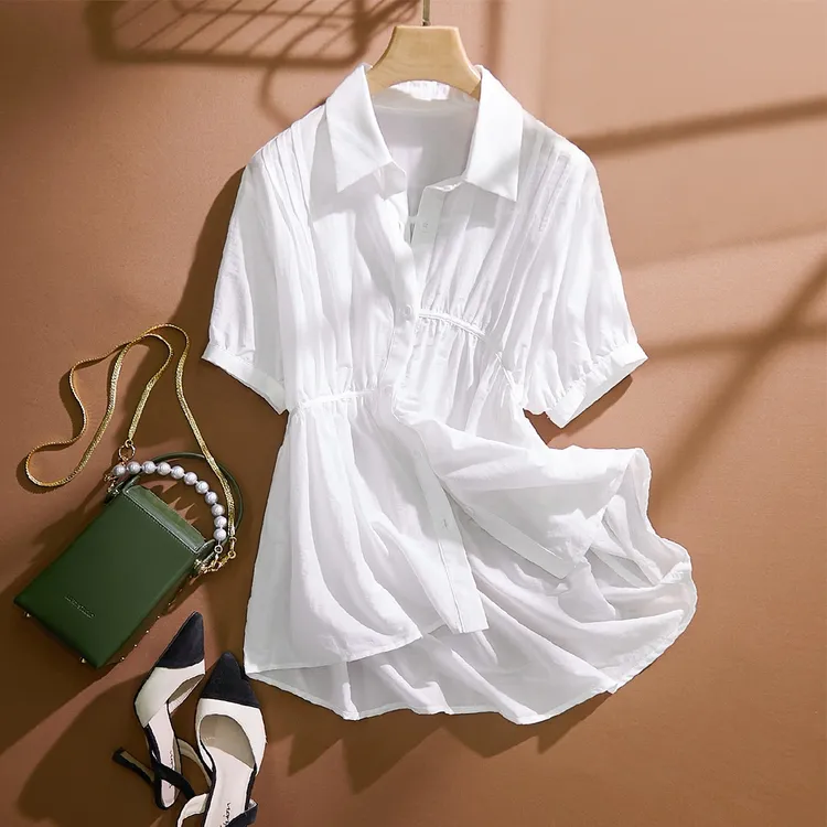 L40299法式复古褶皱不规则设计感短袖女式衬衫