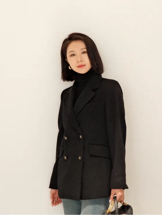 韩国品牌原单毛呢西装常规款双排扣外套3色女装大衣休闲时尚秋冬