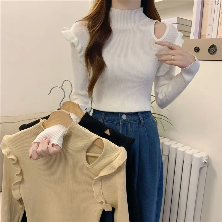 镂空设计感小众显瘦毛衣女秋冬季半高领内搭长袖打底针织衫上衣服