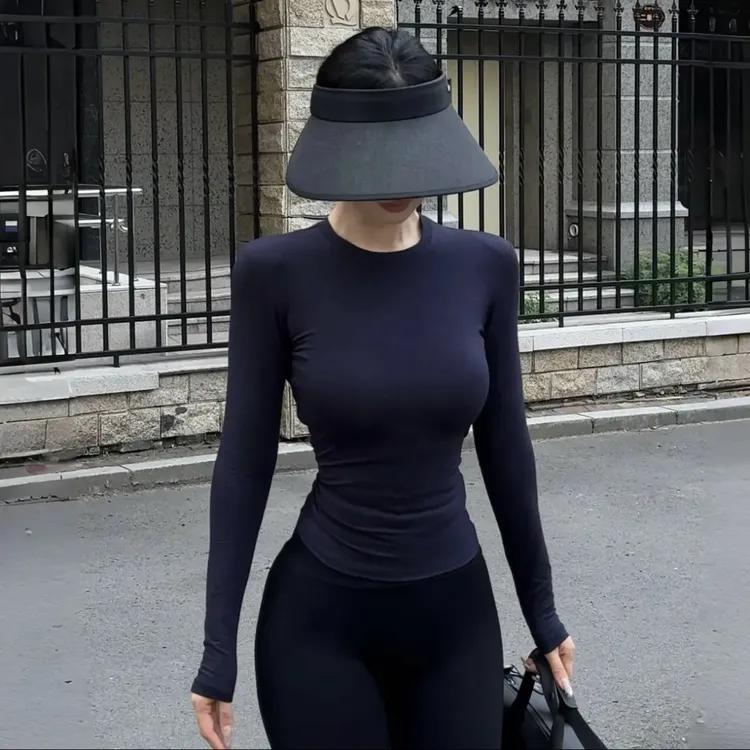 沙漏腰显腰线T恤显瘦短款百搭2024秋冬藏青色长袖紧身设计感上衣