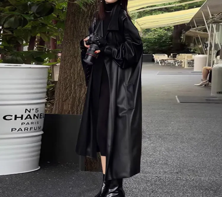 春秋气质英伦风皮质风衣外套女长款宽松显瘦皮衣过膝大衣