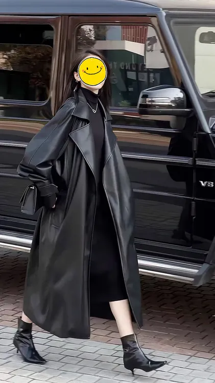 黑骑士2.0 秋冬款高端显瘦加绒两面穿皮衣外套女长款宽松过膝大衣