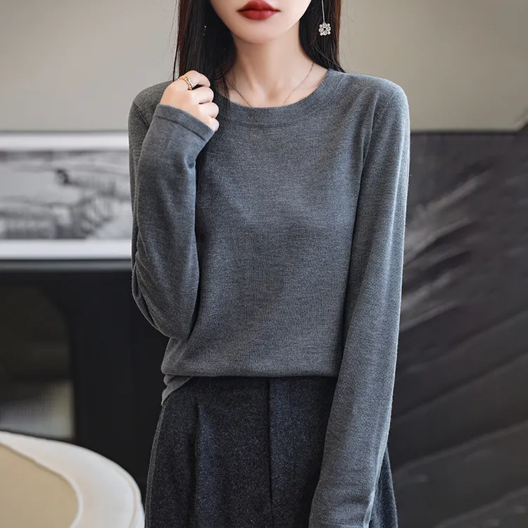 秋冬精纺莱赛尔蚕丝羊毛套头圆领长袖针织打底衫纯色薄款宽松显瘦
