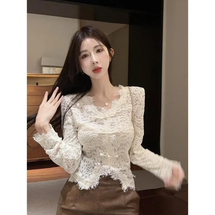 新中式国风盘扣上衣女冬磨毛植绒蕾丝打底衫内搭法式宫廷小衫