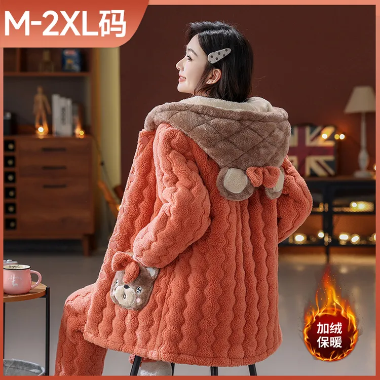 省服珊瑚绒睡衣女士冬季连帽三层加绒加厚夹棉韩版保暖家居服外穿