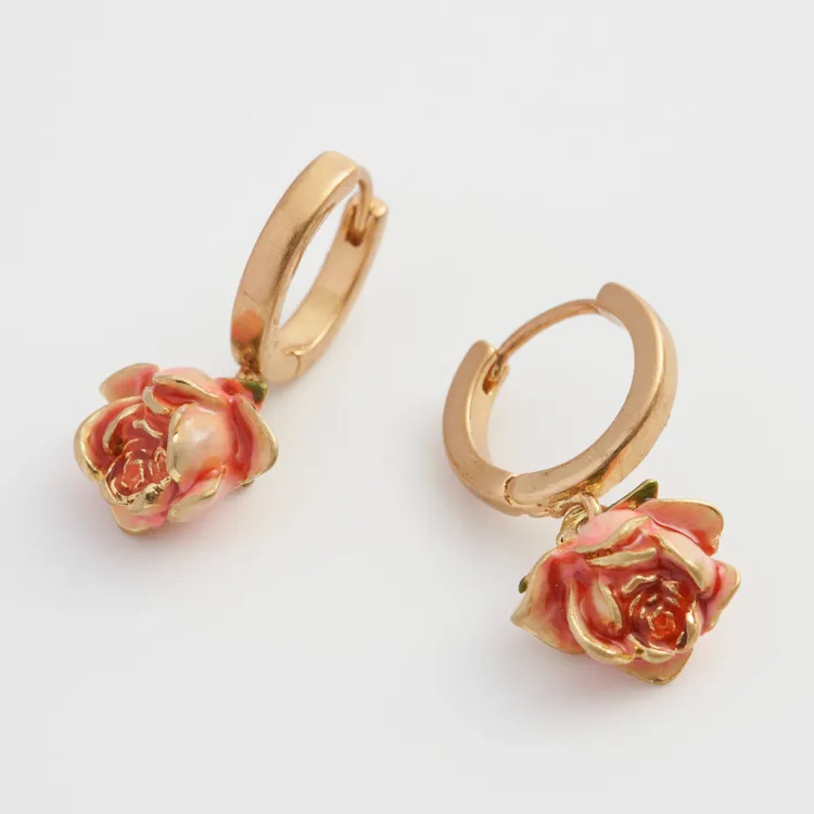 锌合金珐琅耳饰 【孟子义同款】粉色玫瑰花蕾珐琅彩耳环原创设计