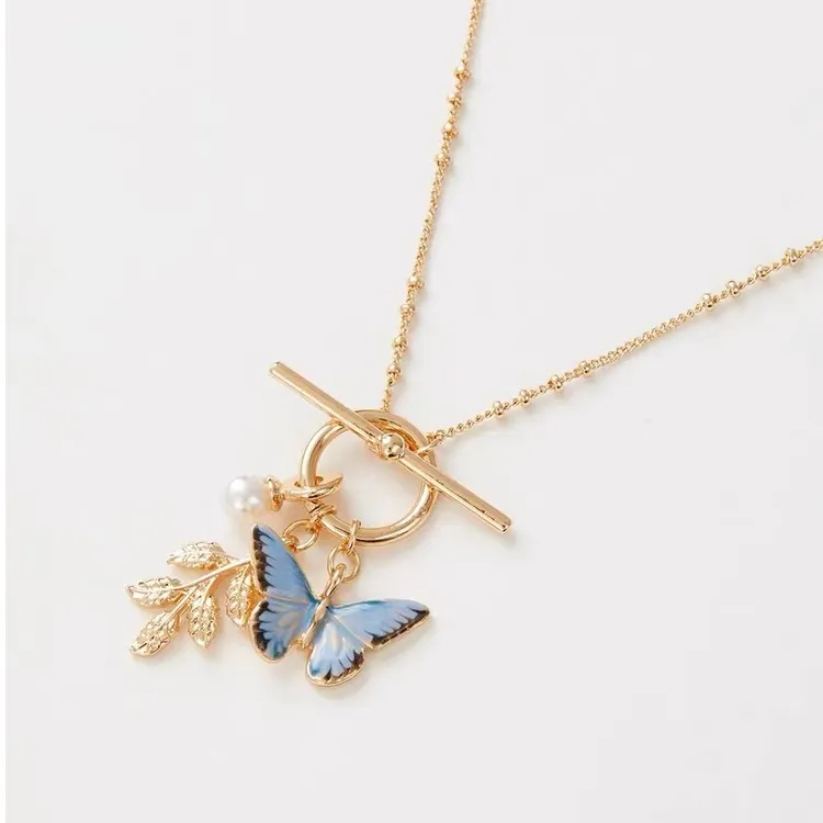 铜合金项链 【李浩菲同款】蓝蝴蝶树叶珐琅彩套扣项链法式锁骨链