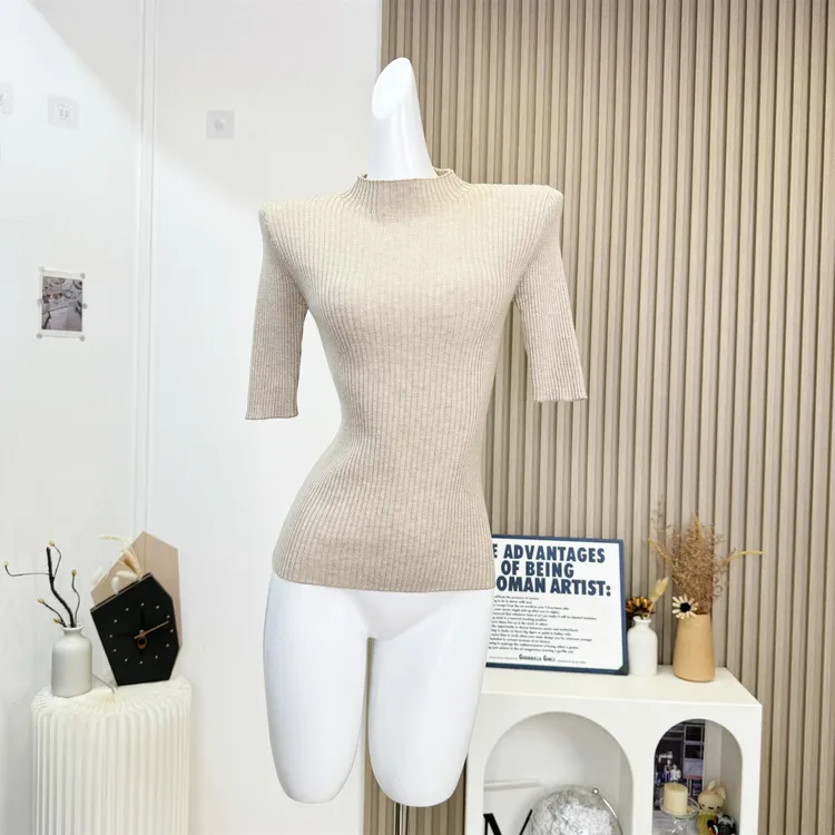 娇养韩女氛围感修身显瘦半袖针织衫气质半高圆领百搭内搭上衣女