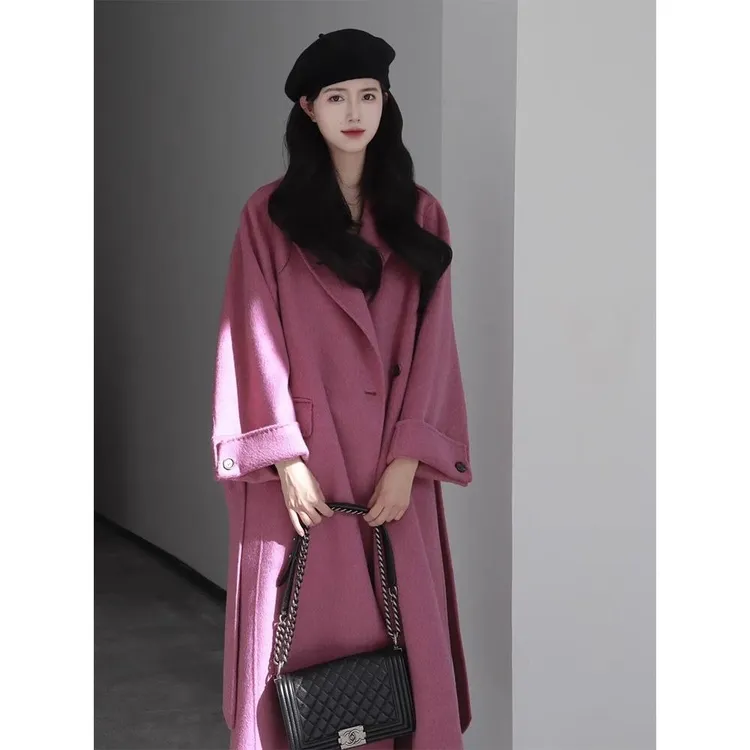 冬季新款树莓粉色中长款毛呢外套女法式流行超好看气质呢子大衣女