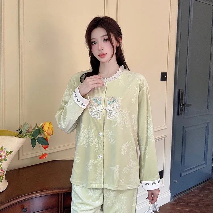 【立体雕花工艺】新中式秋冬季保暖睡衣女海岛绒国风花边家居套装