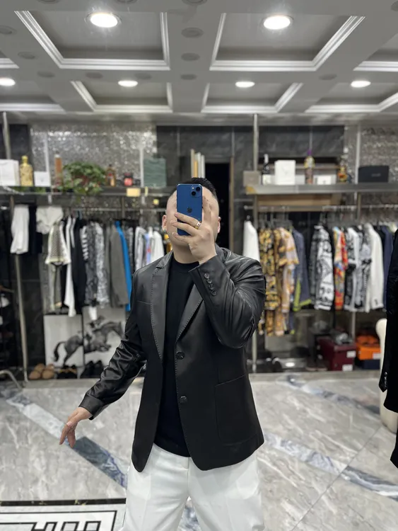 SH轻奢时尚高端男士修身珠针休闲真皮西服外套23029