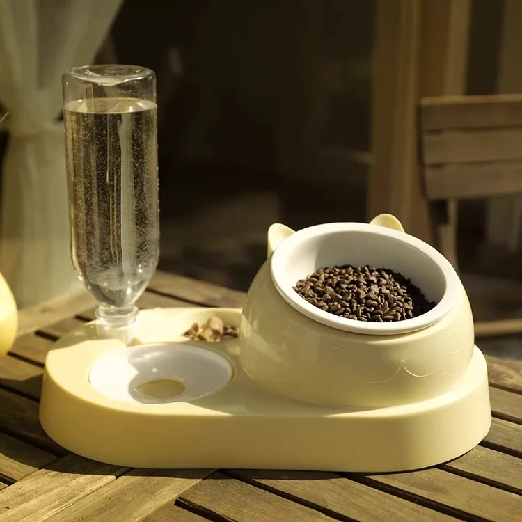 猫碗陶瓷斜口碗双碗架自动饮水猫碗防打翻不锈钢宠物喝水狗狗饭盆