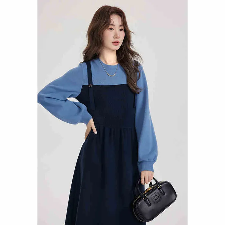 【蓝色背带裙】连衣裙女秋冬假两件穿搭针织裙子显瘦内搭打底长裙