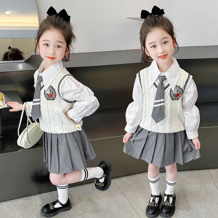 女童毛线马甲套装春秋季新款儿童洋气长袖百褶裙子女孩宝宝三件套