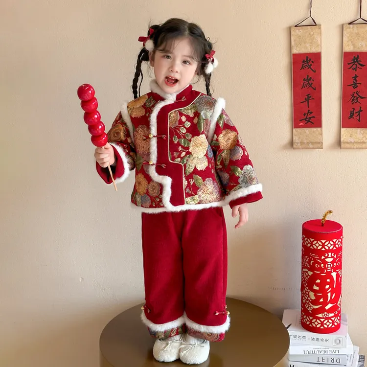 女童加绒冬季汉服2025年新年装套装女宝宝中式唐装拜年服国风加厚