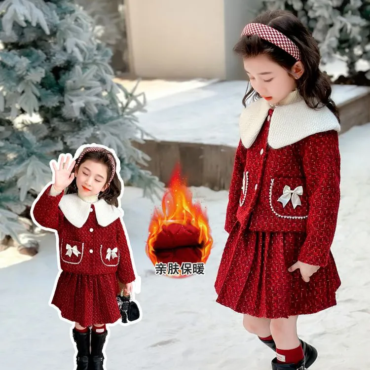 女童小香风套装秋冬裙子洋气女宝宝2024新款加绒两件套女孩新年装