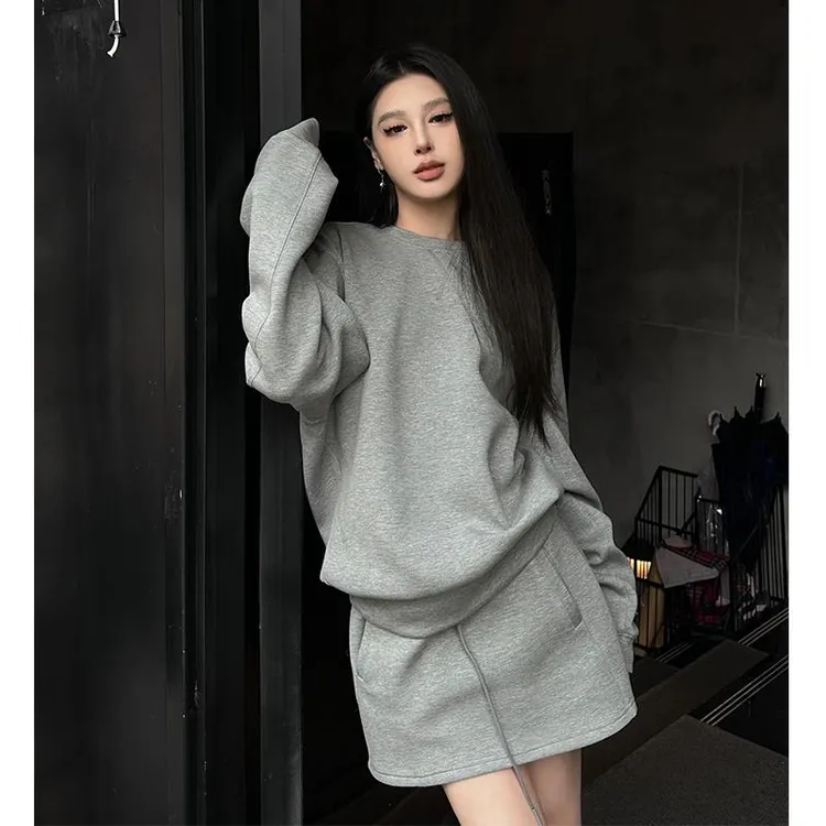 休闲运动套装裙女春秋新款时尚宽松灰色复古卫衣显瘦半身裙两件套