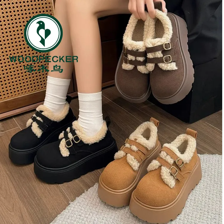 啄木鸟厚底内增高勃肯女鞋子加绒保暖毛毛鞋2025新款冬季乐福棉鞋