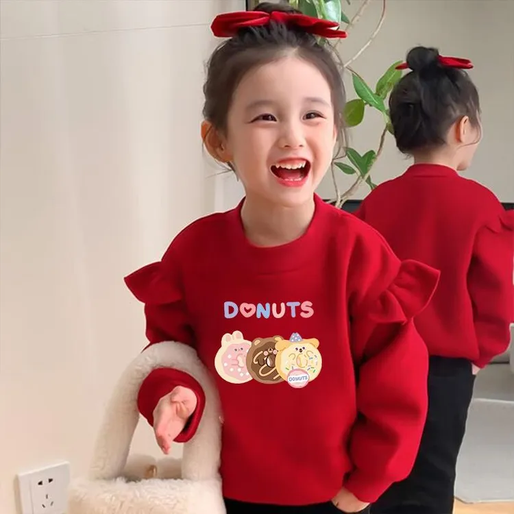 女童飞飞袖圆领卫衣儿童秋冬季新款红色加绒加厚套头宝宝衣服洋气