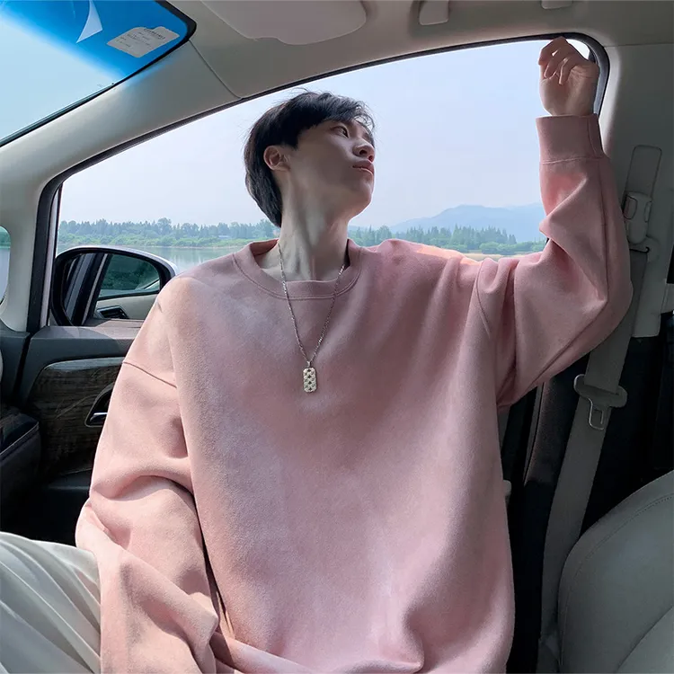 重磅麂皮绒长袖圆领卫衣男生春秋季美式休闲纯色设计感上衣大码